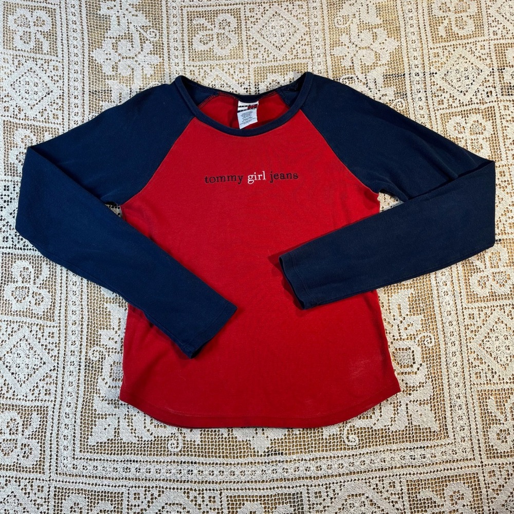 Tommy Girl Jeans Vintage Raglan Long Sleeve Tee Red Navy Blue L Y2K